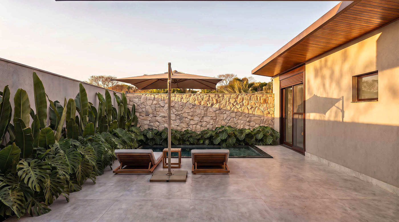 Área de lazer com piscina e jardim tropical ao pôr do sol
