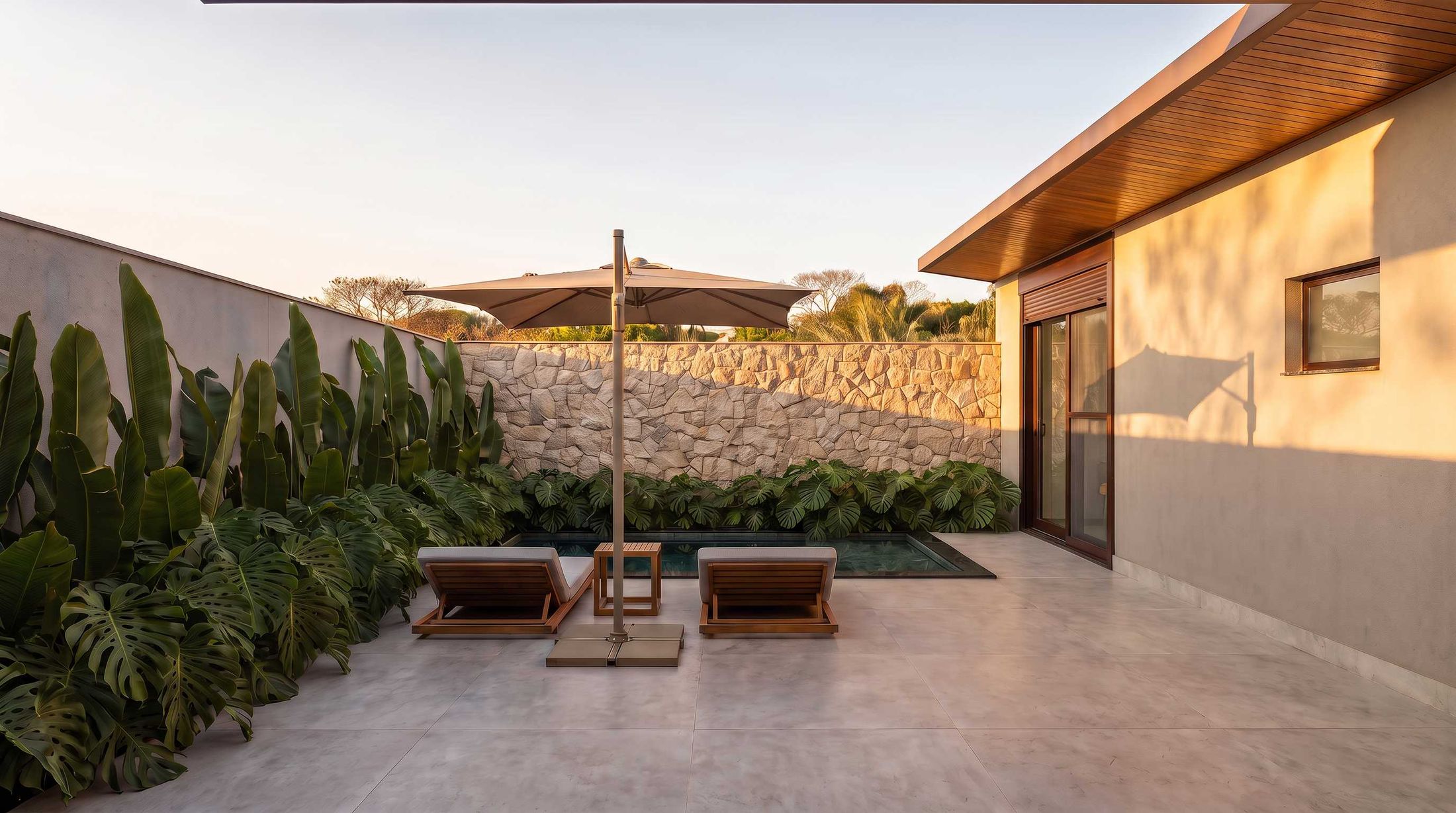 Área de lazer com piscina e jardim tropical ao pôr do sol