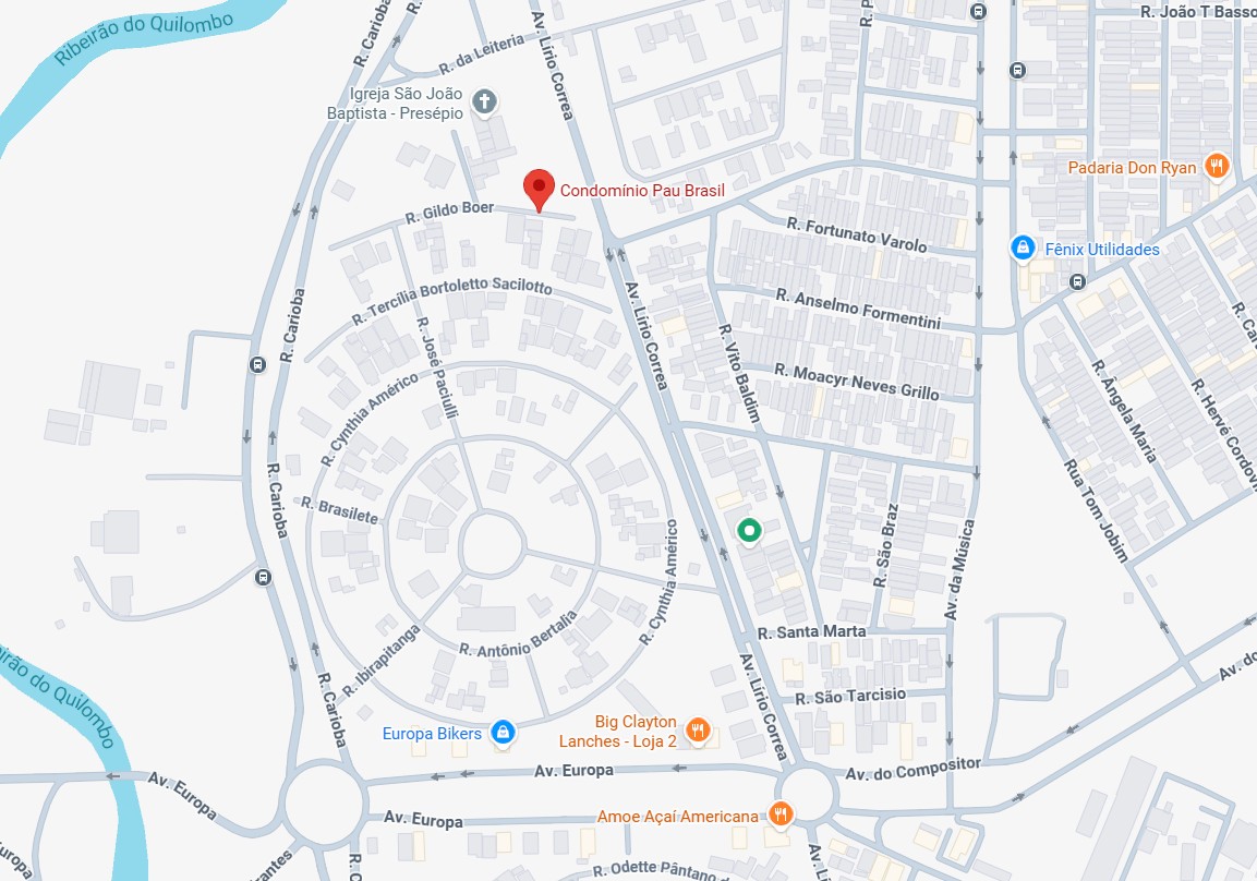 Mapa da região do Condomínio Pau Brasil, em Americana, entre a Av. Lírio Correa e a Av. Europa